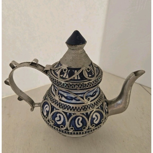 Other - Moroccan Teapot Ceramic Silver Tone Filigree Vintage Blue & White Ceramic 6.5"